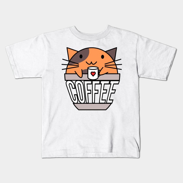 Cat in coffee cup with warped text holding coffee cup with heart orange and brown Kids T-Shirt by coffeewithkitty